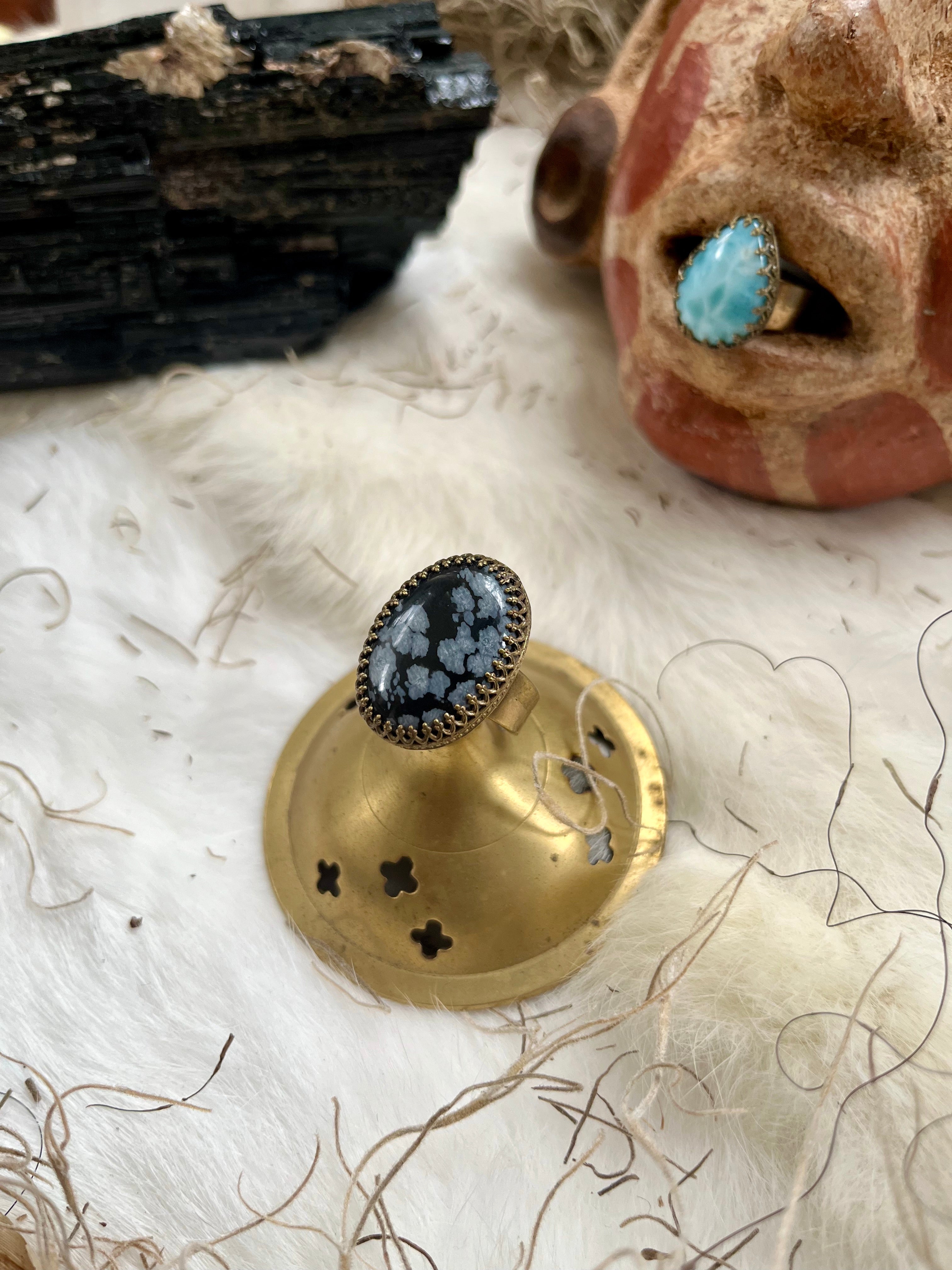 Snowflake Obsidian Balance Brass Ring