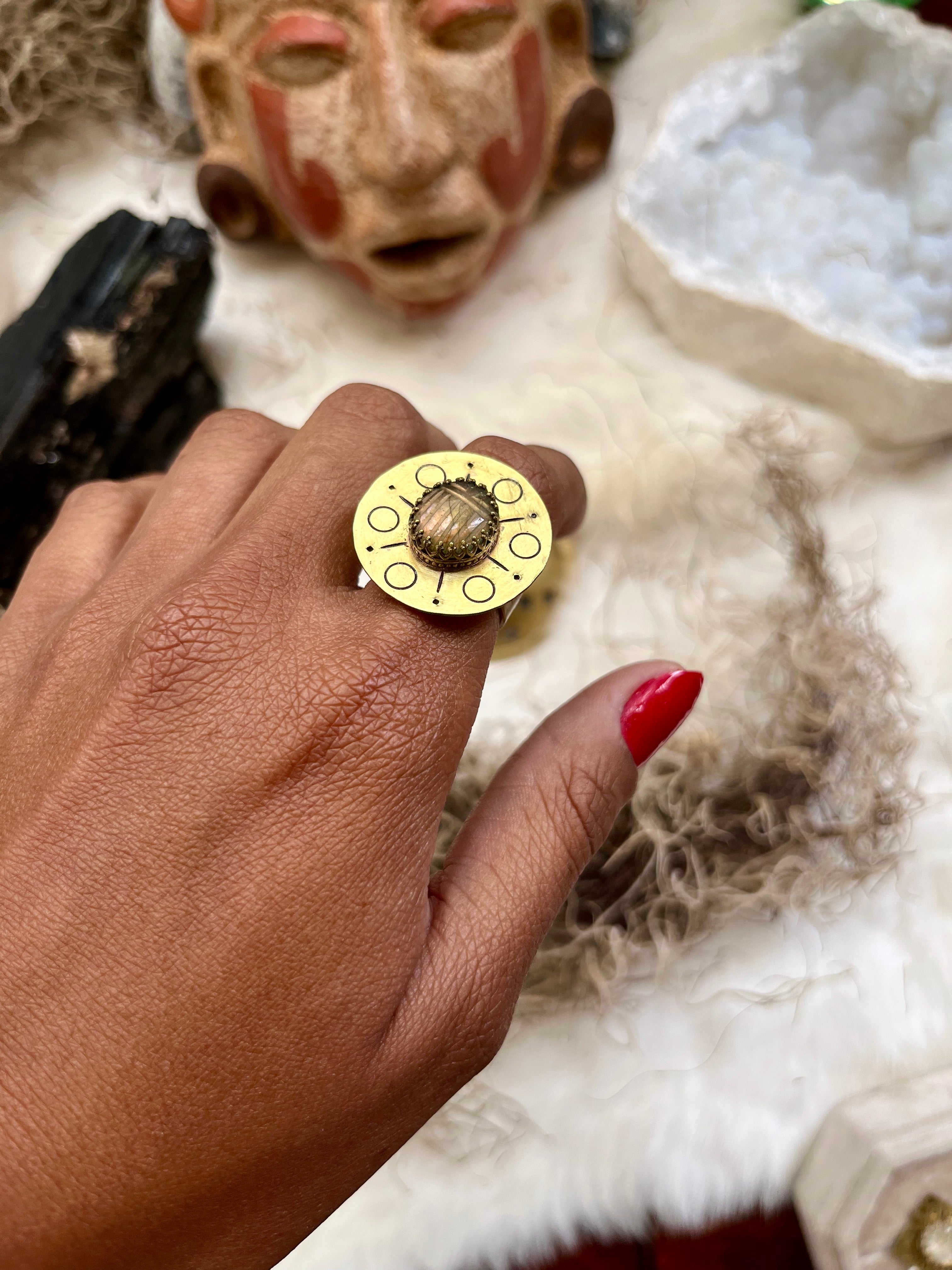 Labradorite Ancient Saucer Scarab Brass Ring