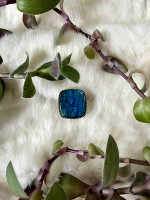 Square Labradorite Brass Ring