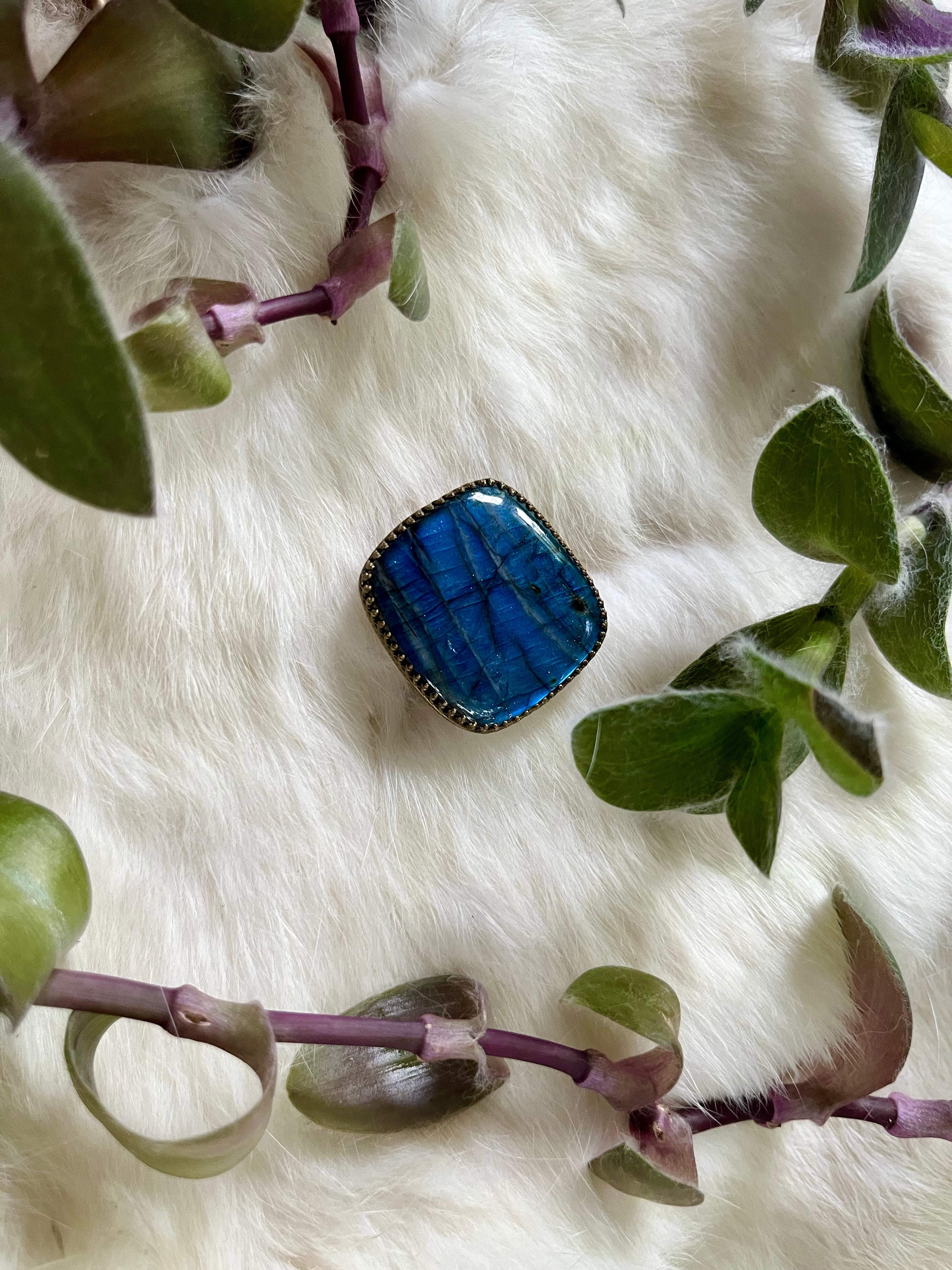 Square Labradorite Brass Ring