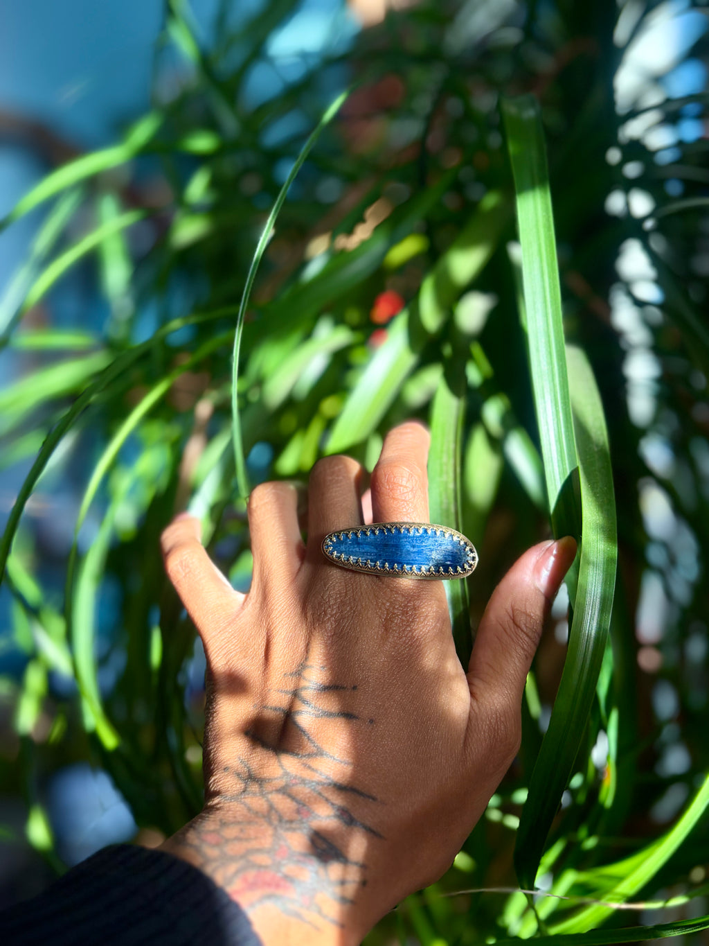 Horizontal Blue Kyanite Brass Ring