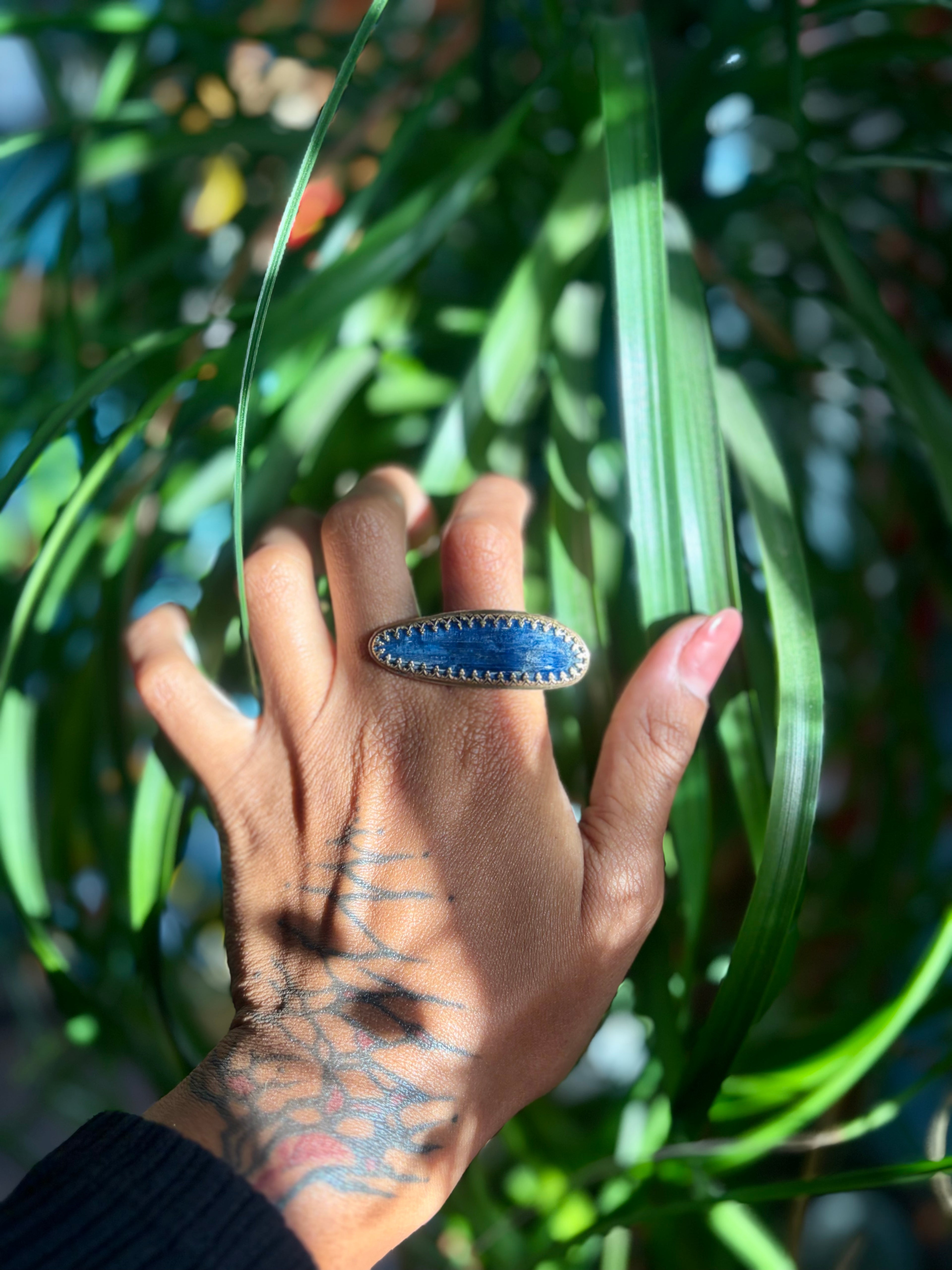 Horizontal Blue Kyanite Brass Ring