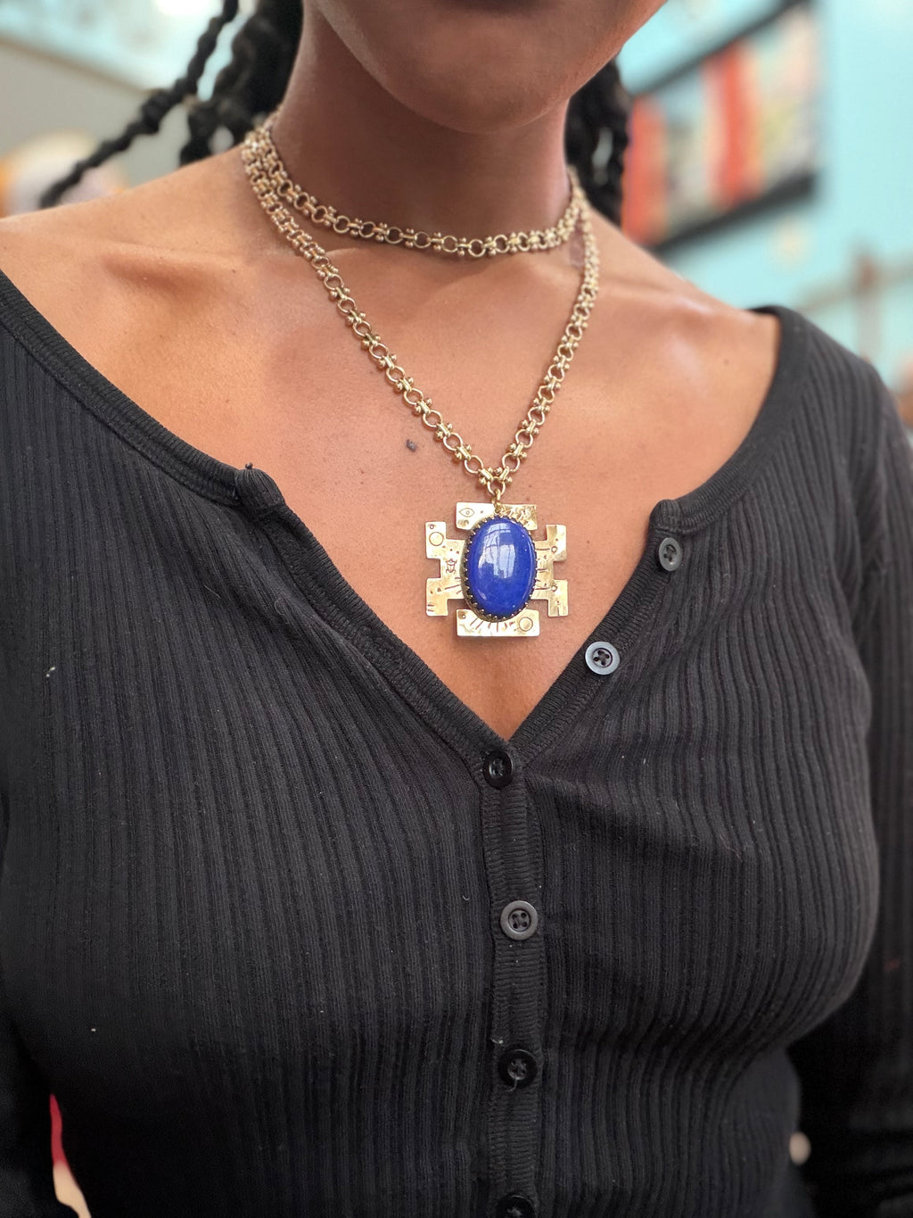 Mesoamerican Stepped Cross Lapis Lazuli Necklace