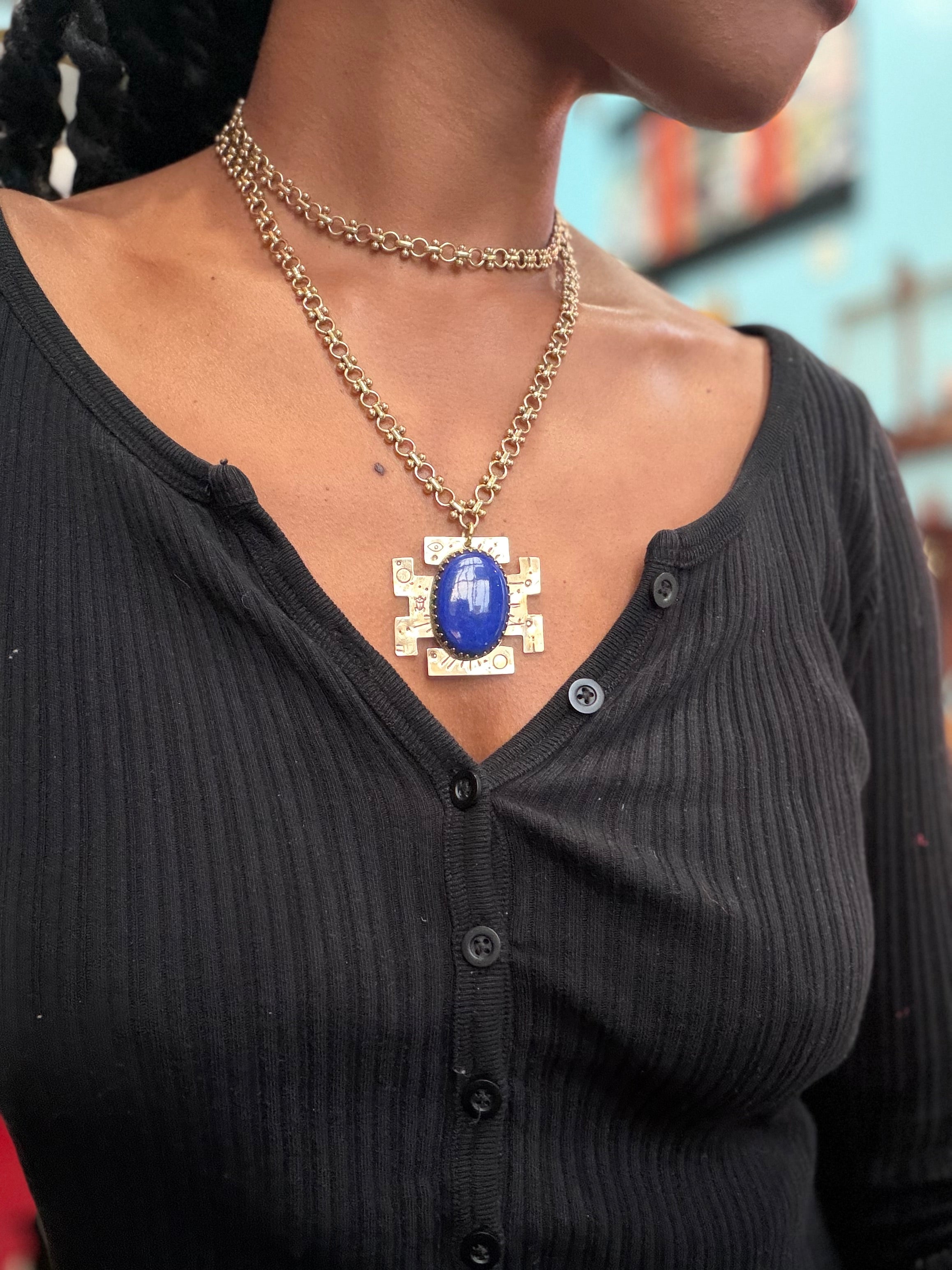 Mesoamerican Stepped Cross Lapis Lazuli Necklace