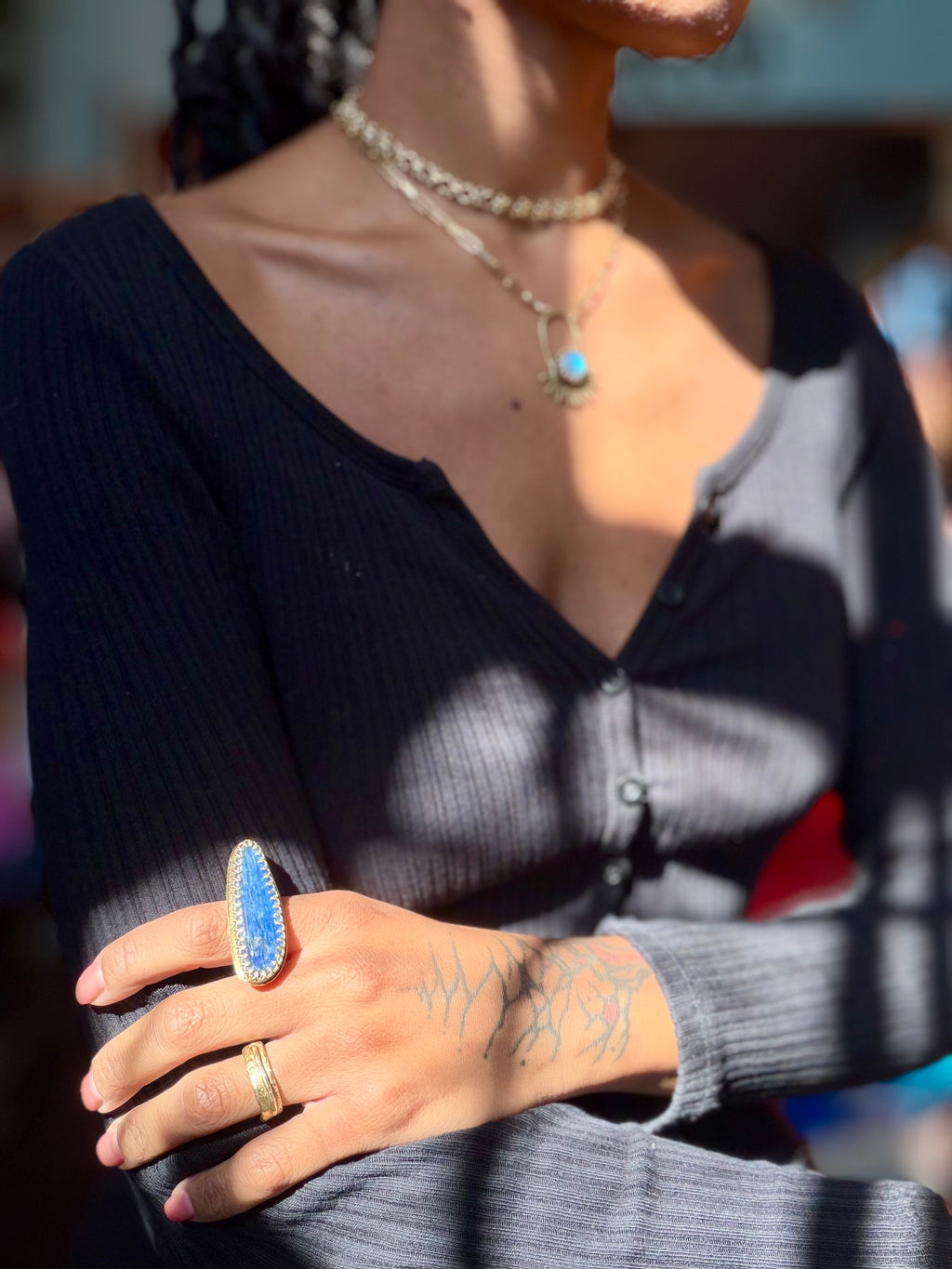 Horizontal Blue Kyanite Brass Ring